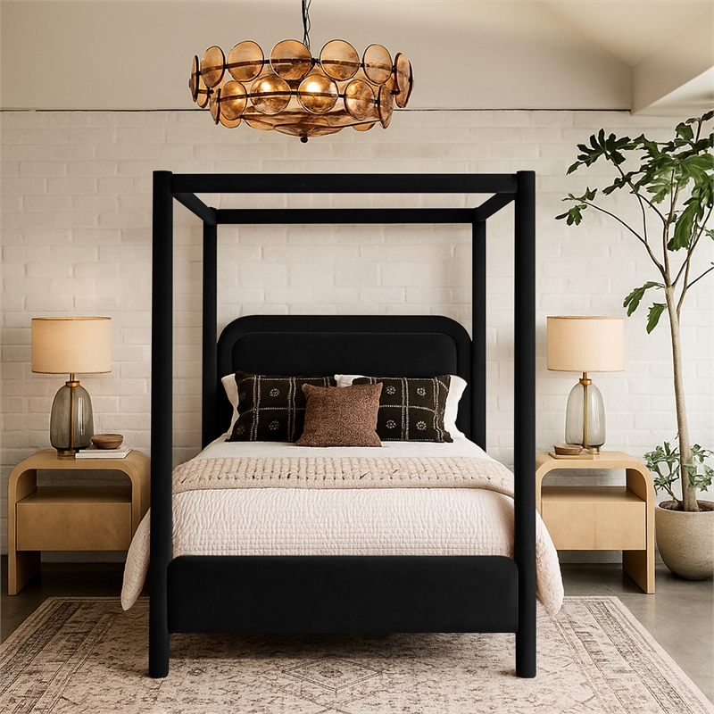 Bowery Hill Contemporary Black Velvet Upholstered King Canopy Bed