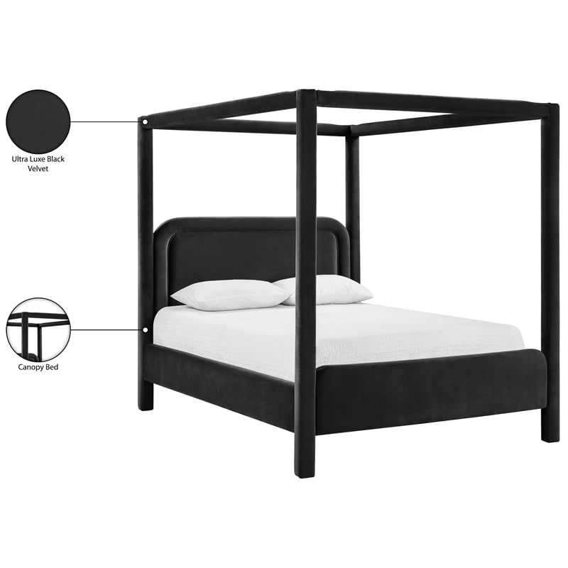 Bowery Hill Contemporary Black Velvet Upholstered King Canopy Bed