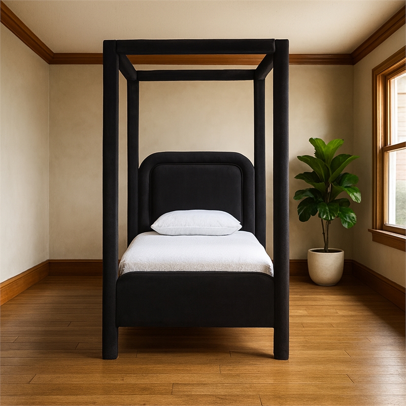 Bowery Hill Contemporary Black Velvet Upholstered Twin Canopy Bed