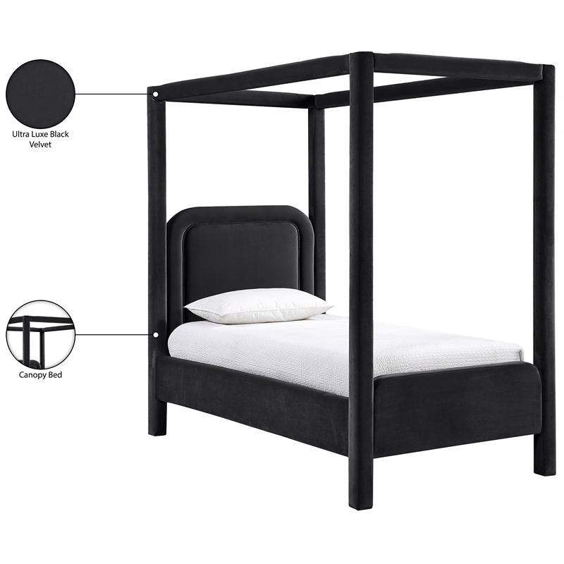 Bowery Hill Contemporary Black Velvet Upholstered Twin Canopy Bed