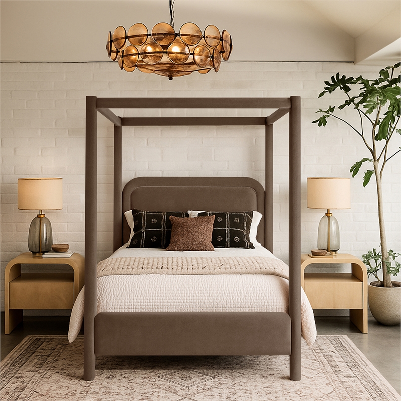 Bowery Hill Contemporary Brown Velvet Upholstered King Canopy Bed