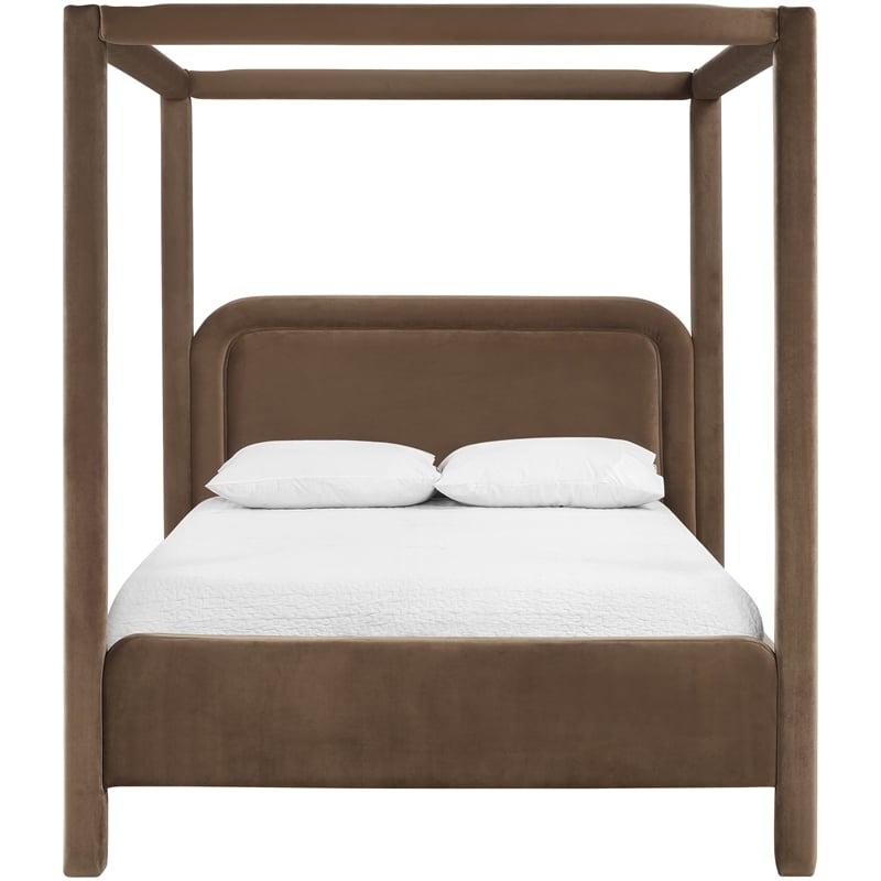 Bowery Hill Contemporary Brown Velvet Upholstered Queen Canopy Bed