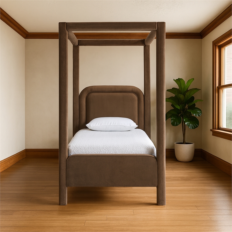 Bowery Hill Contemporary Brown Velvet Upholstered Twin Canopy Bed