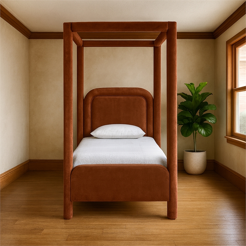 Bowery Hill Contemporary Cognac Velvet Upholstered Twin Canopy Bed