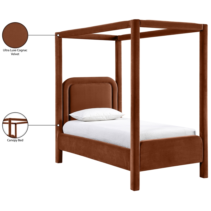 Bowery Hill Contemporary Cognac Velvet Upholstered Twin Canopy Bed