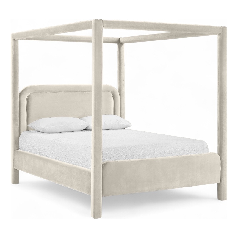 Bowery Hill Contemporary Cream Velvet Upholstered Full Canopy Bed