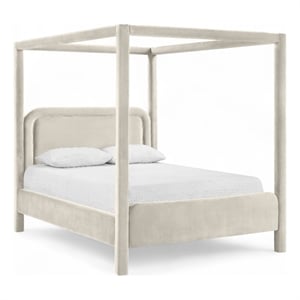 Bowery Hill Contemporary Cream Velvet Upholstered Full Canopy Bed