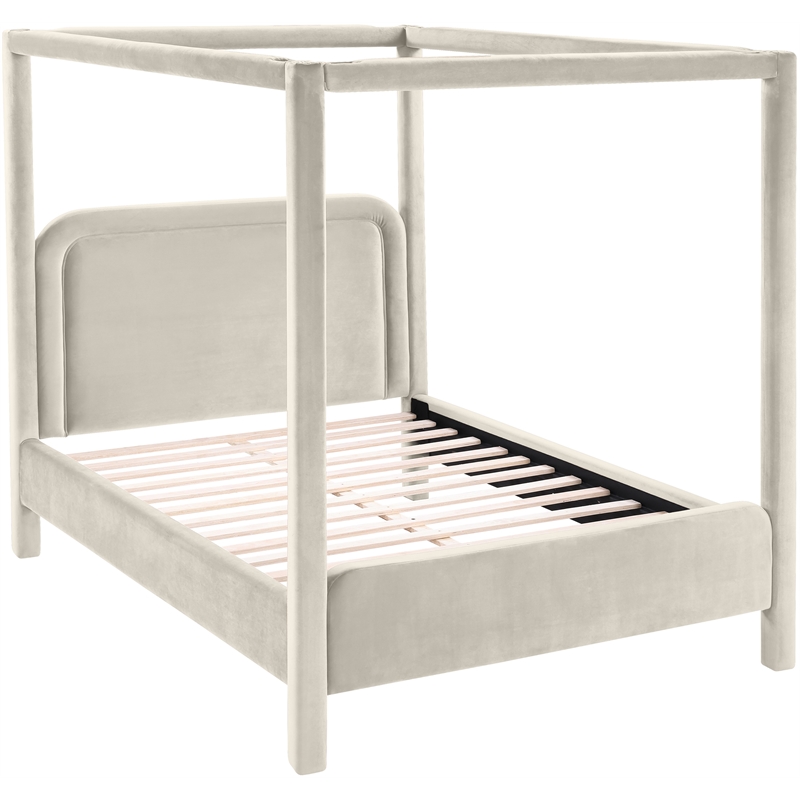 Bowery Hill Contemporary Cream Velvet Upholstered King Canopy Bed