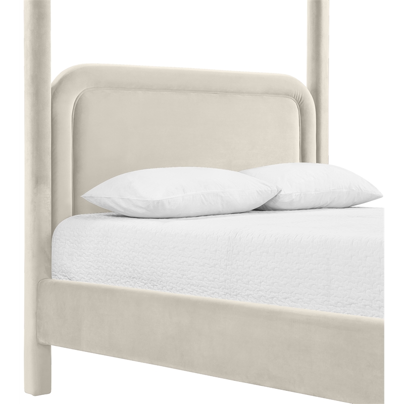Bowery Hill Contemporary Cream Velvet Upholstered King Canopy Bed