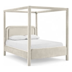 Bowery Hill Contemporary Cream Velvet Upholstered King Canopy Bed
