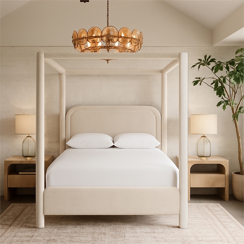 Bowery Hill Contemporary Cream Velvet Upholstered Queen Canopy Bed