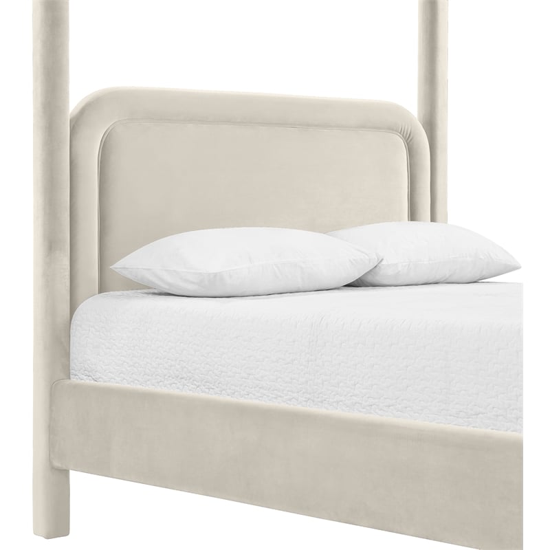 Bowery Hill Contemporary Cream Velvet Upholstered Queen Canopy Bed