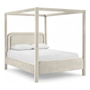 Bowery Hill Contemporary Cream Velvet Upholstered Queen Canopy Bed