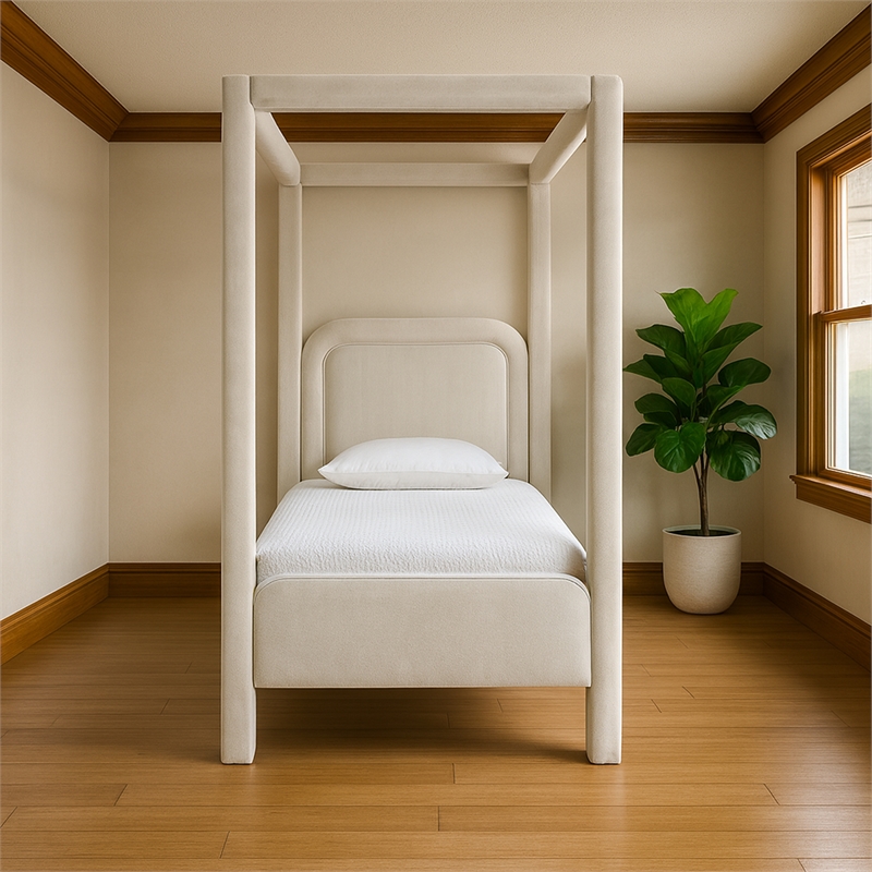 Bowery Hill Contemporary Cream Velvet Upholstered Twin Canopy Bed