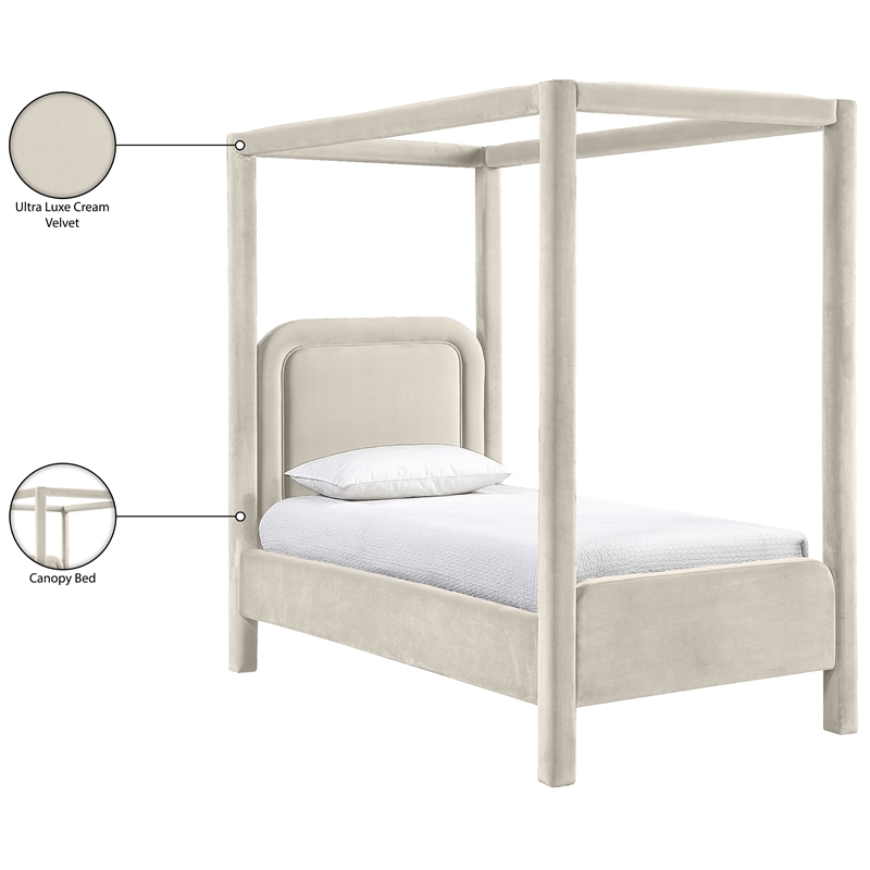 Bowery Hill Contemporary Cream Velvet Upholstered Twin Canopy Bed