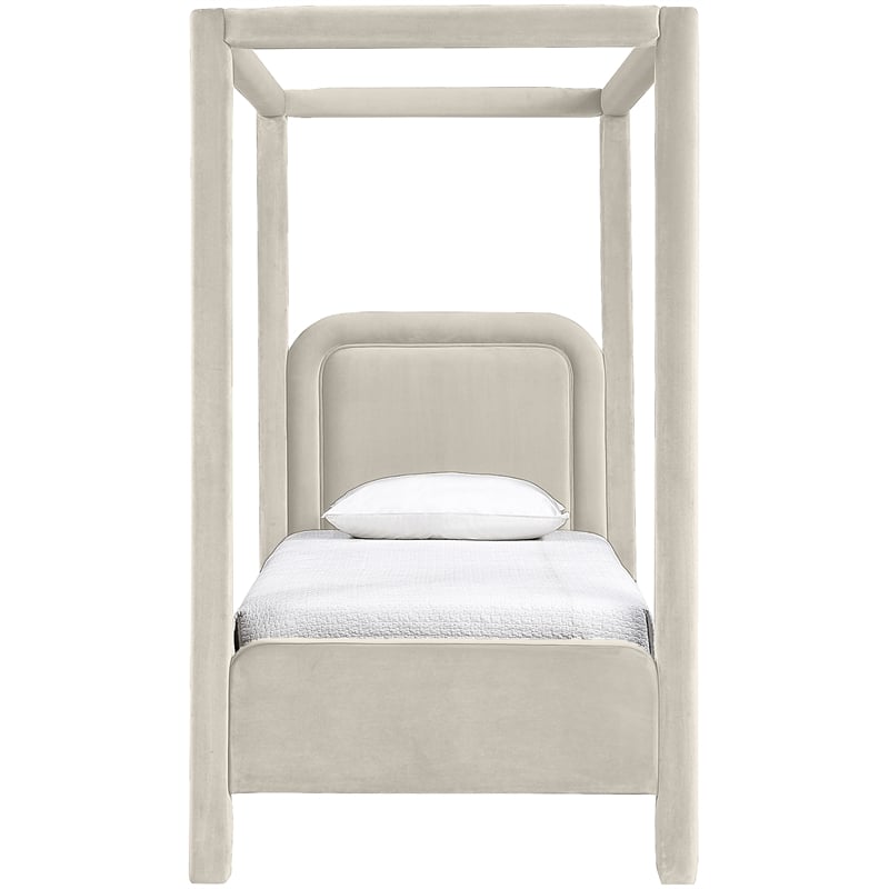 Bowery Hill Contemporary Cream Velvet Upholstered Twin Canopy Bed