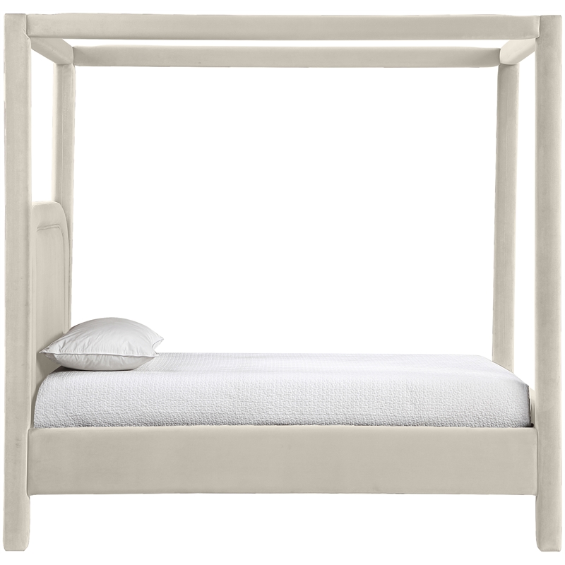 Bowery Hill Contemporary Cream Velvet Upholstered Twin Canopy Bed
