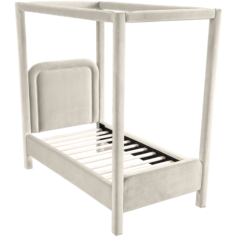 Bowery Hill Contemporary Cream Velvet Upholstered Twin Canopy Bed