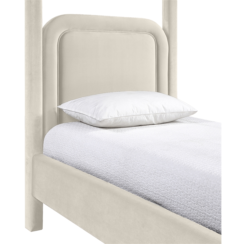 Bowery Hill Contemporary Cream Velvet Upholstered Twin Canopy Bed
