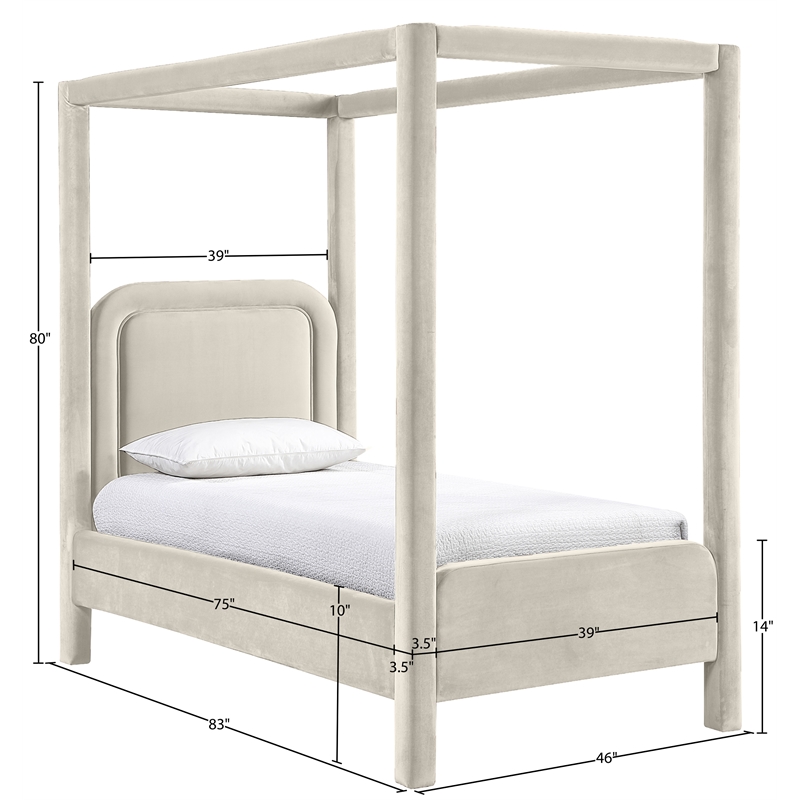Bowery Hill Contemporary Cream Velvet Upholstered Twin Canopy Bed