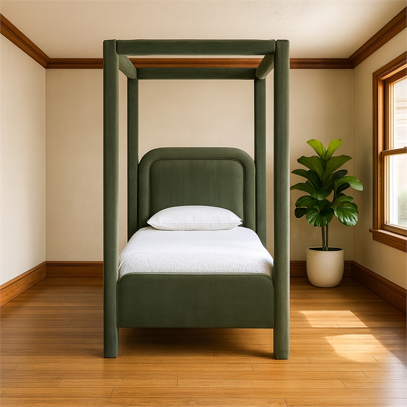 Bowery Hill Contemporary Green Velvet Upholstered Twin Canopy Bed