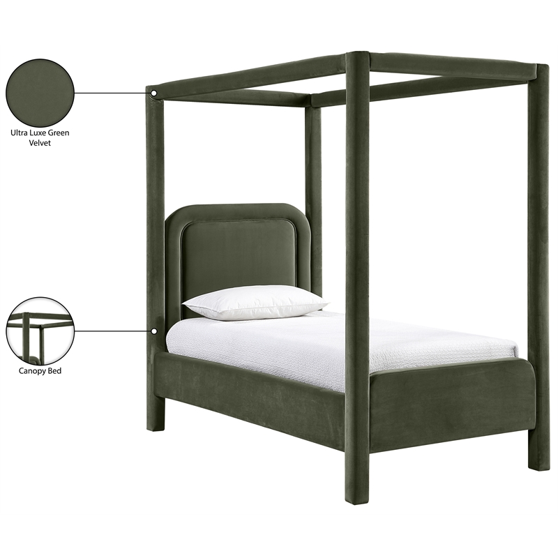 Bowery Hill Contemporary Green Velvet Upholstered Twin Canopy Bed