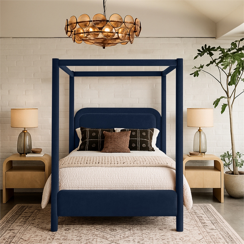 Bowery Hill Contemporary Navy Velvet Upholstered Queen Canopy Bed