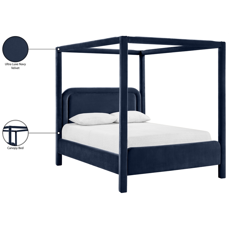 Bowery Hill Contemporary Navy Velvet Upholstered Queen Canopy Bed