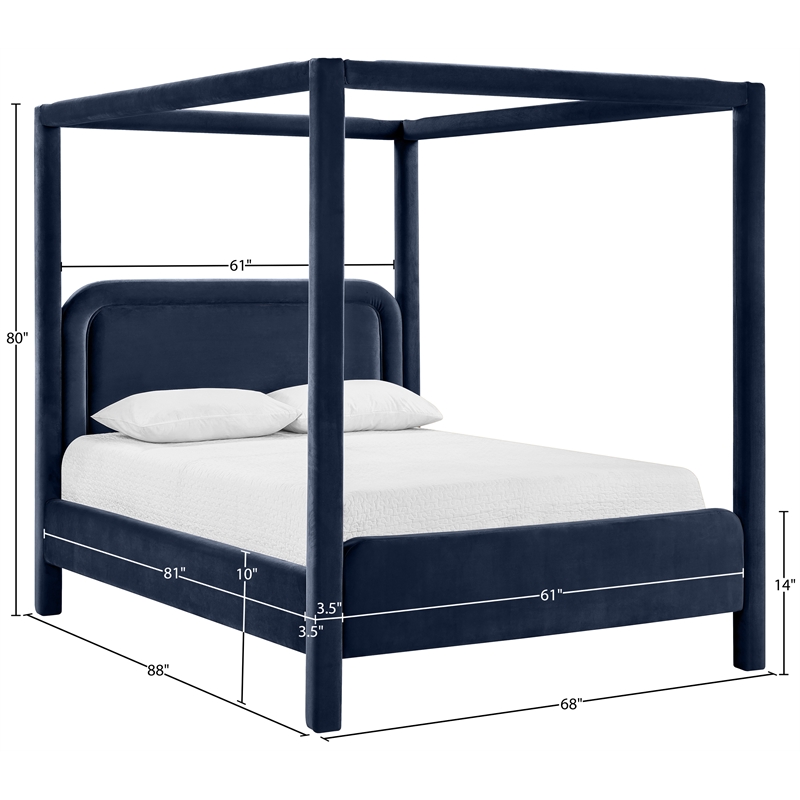 Bowery Hill Contemporary Navy Velvet Upholstered Queen Canopy Bed
