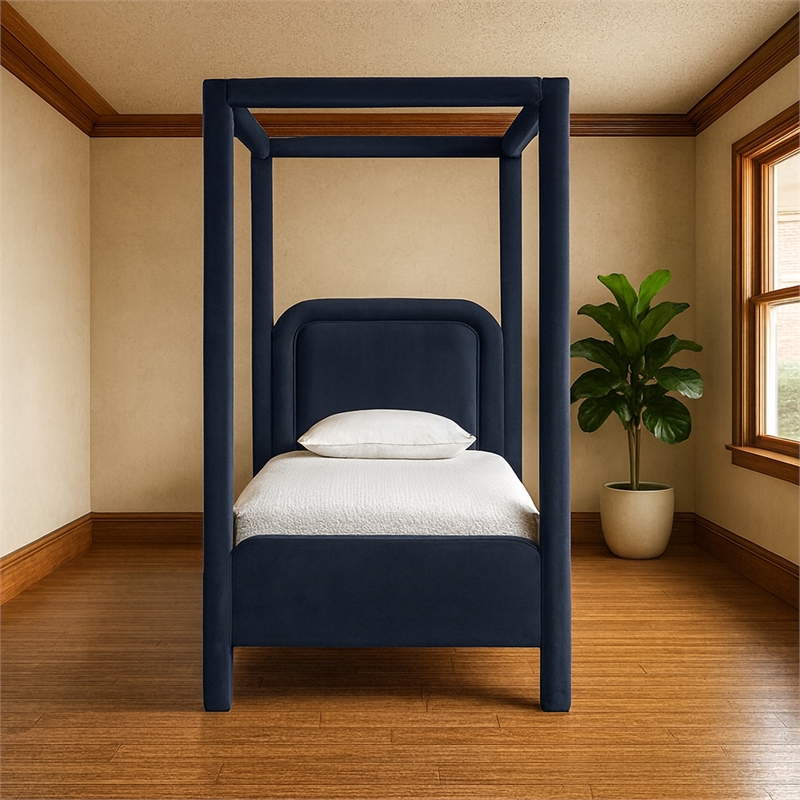 Bowery Hill Contemporary Navy Velvet Upholstered Twin Canopy Bed
