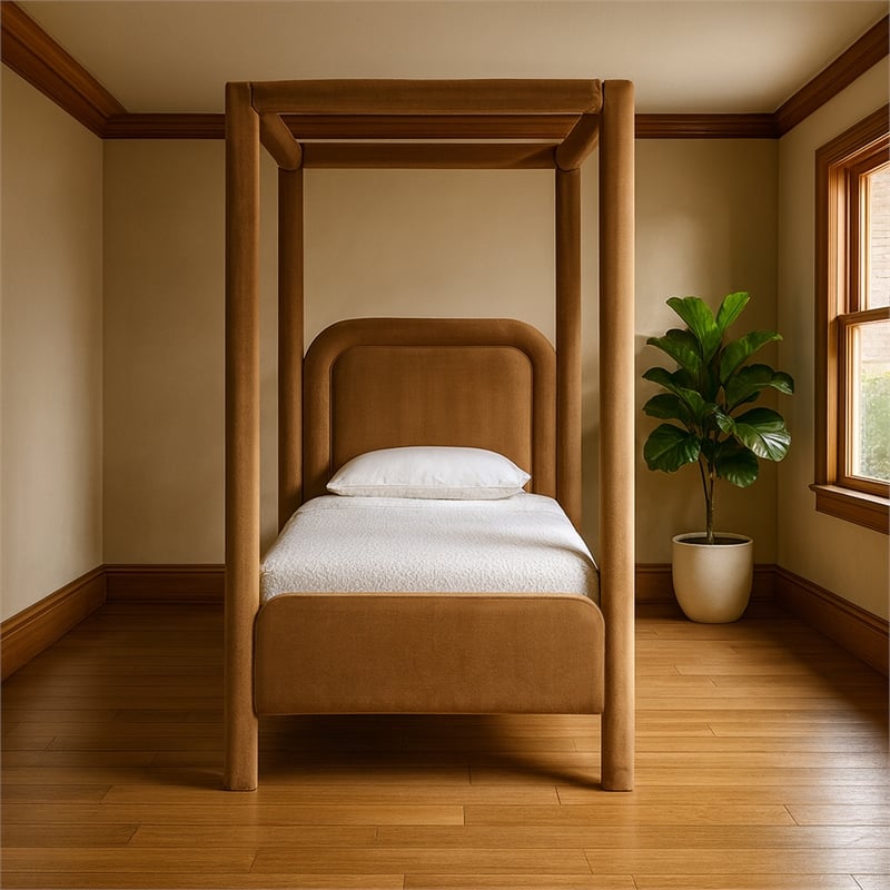 Bowery Hill Contemporary Saddle Velvet Upholstered Twin Canopy Bed