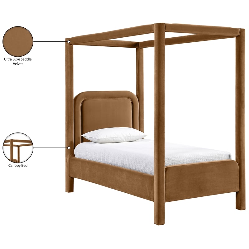 Bowery Hill Contemporary Saddle Velvet Upholstered Twin Canopy Bed