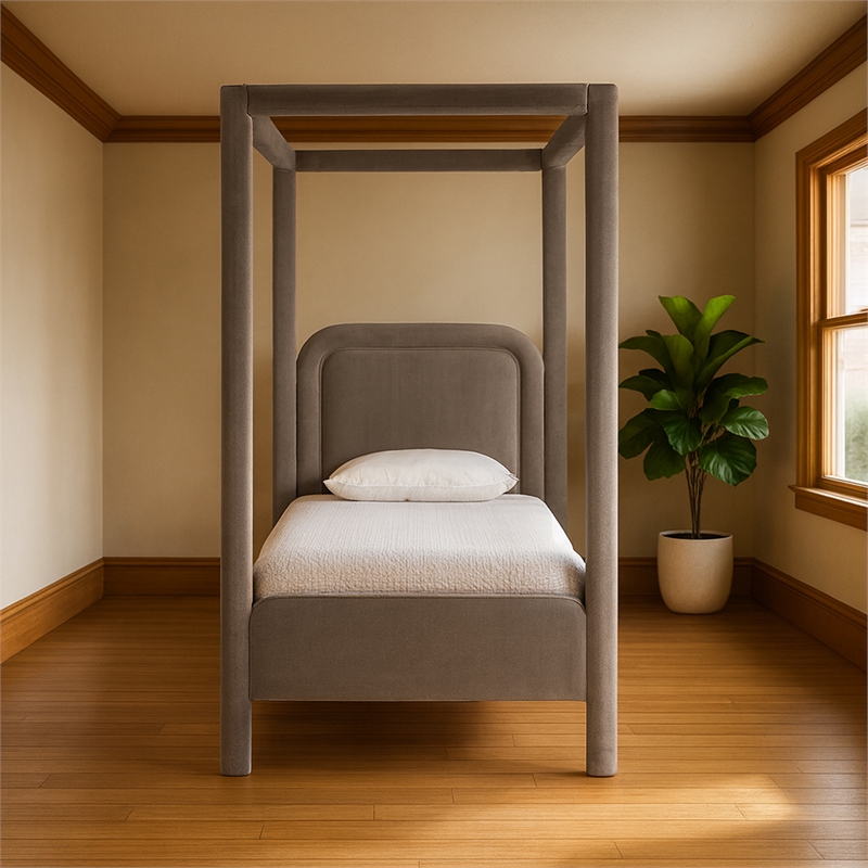 Bowery Hill Contemporary Taupe Velvet Upholstered Twin Canopy Bed