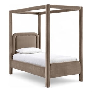 Bowery Hill Contemporary Taupe Velvet Upholstered Twin Canopy Bed