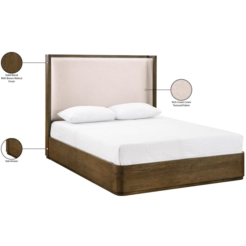 Bowery Hill Contemporary Brown / Cream Linen Textured Fabric Queen Bed
