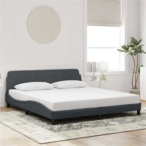 Bowery Hill Velvet Upholstery Cal King/Double Bed Frame in Dark Grey