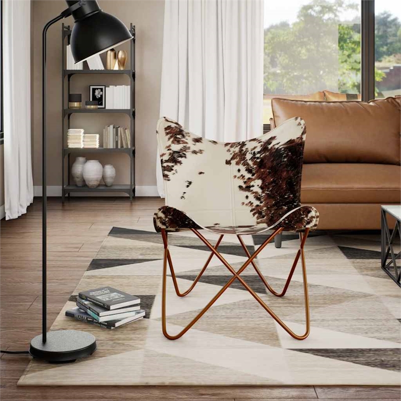 Bowery Hill Contemporary Butterfly Cowhide Chair in Brown and White