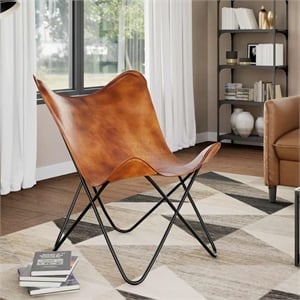 Bowery Hill Contemporary Real leather Butterfly Chair in Brown