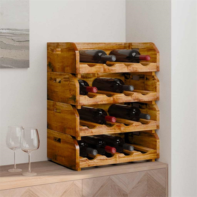 Bowery Hill 4 pcs Solid Mahogany Wood Wine Racks for 16 Bottles in Brown