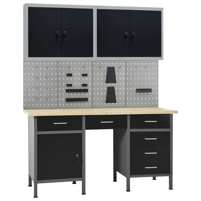 Bowery Hill Four Wall Panels and Two Cabinets Workbench in Black
