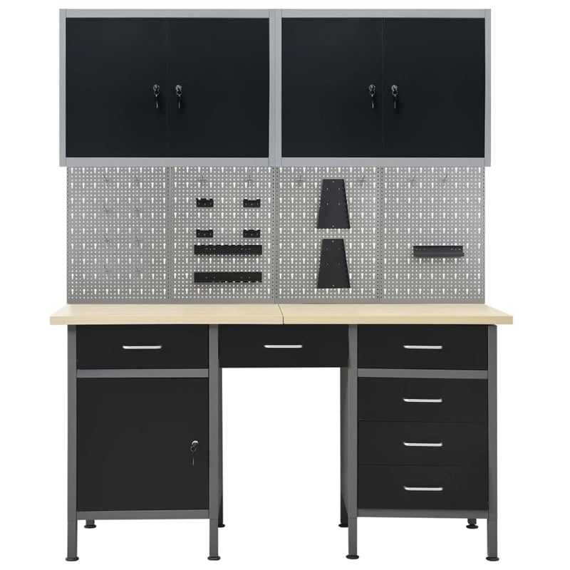 Bowery Hill Four Wall Panels and Two Cabinets Workbench in Black