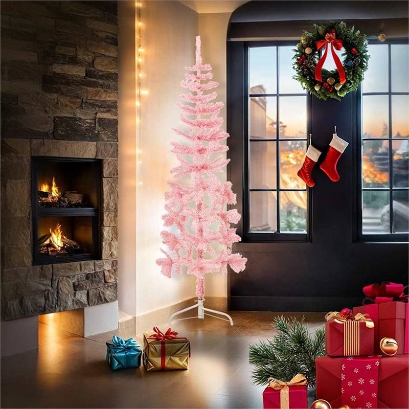 Bowery Hill PVC Steel Slim Artificial Half Christmas Tree in Pink