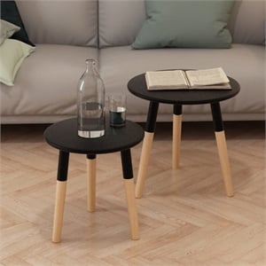 Bowery Hill Solid Pinewood Legs MDF Top Small Side Table in Black (Set of 2)