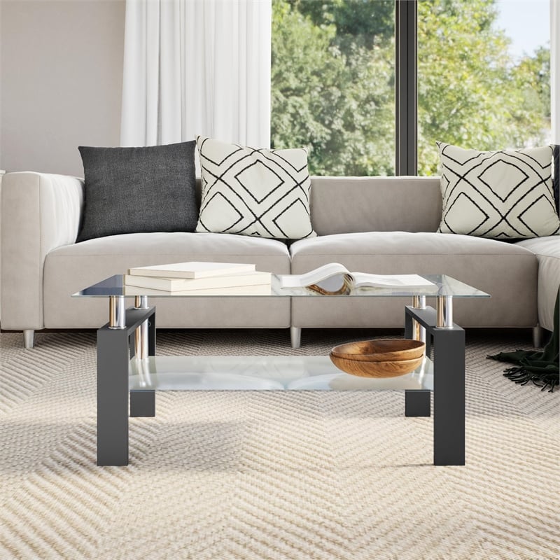 Bowery Hill Melamine Coffee Table in Black and Transparent Tempered Glass
