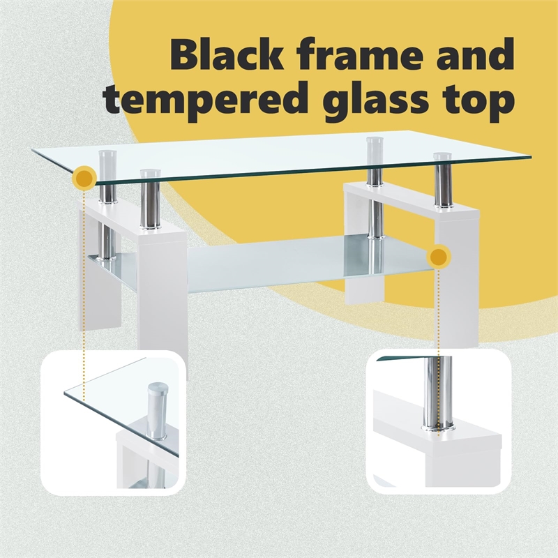 Bowery Hill Melamine Coffee Table in White and Transparent Tempered Glass