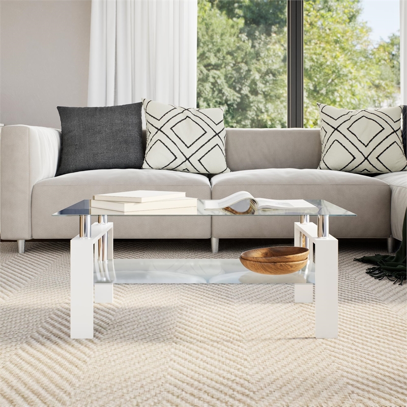 Bowery Hill Melamine Coffee Table in White and Transparent Tempered Glass