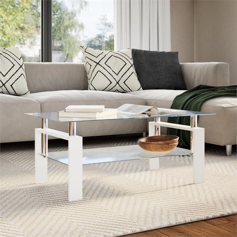 Bowery Hill Melamine Coffee Table in White and Transparent Tempered Glass