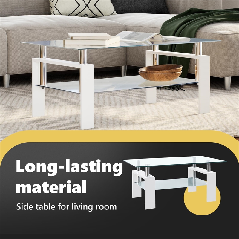 Bowery Hill Melamine Coffee Table in White and Transparent Tempered Glass