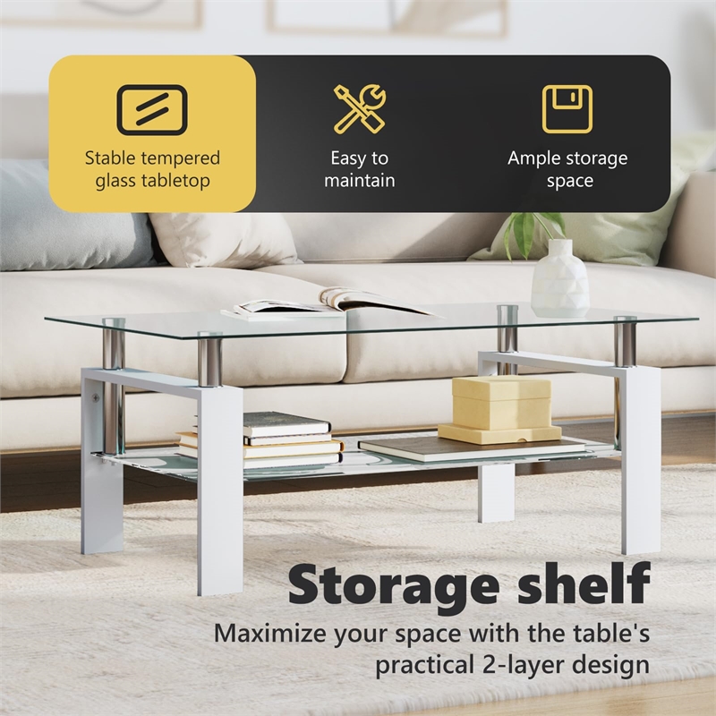 Bowery Hill Melamine Coffee Table in White and Transparent Tempered Glass