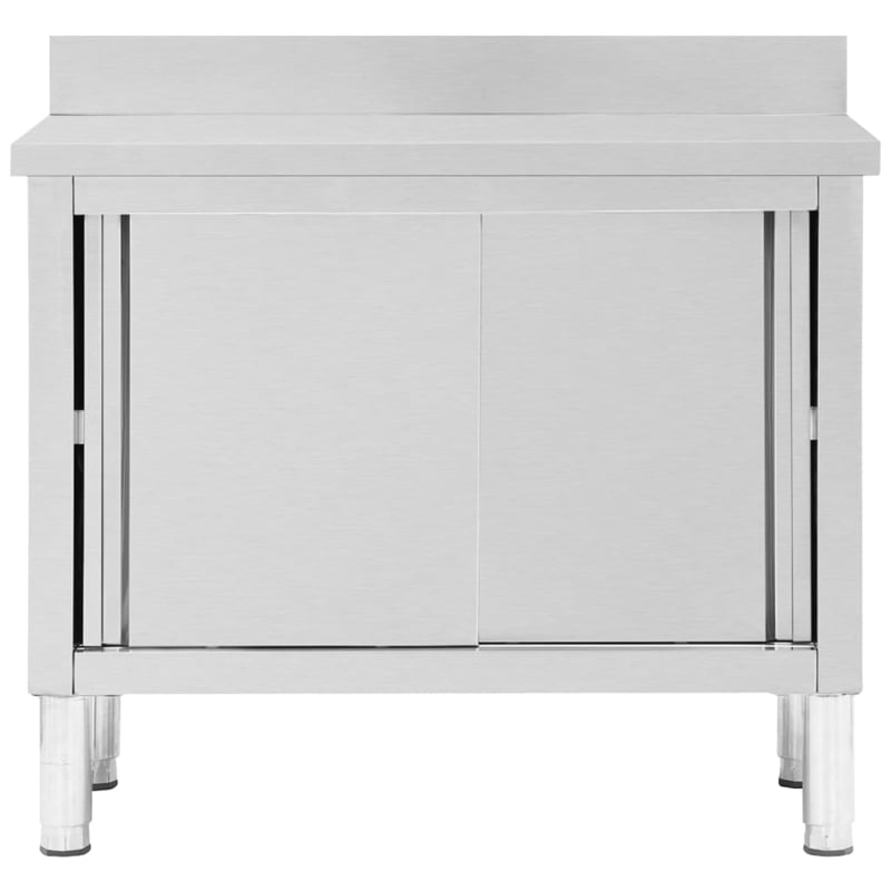 Bowery Hill Stainless Steel Work Table with Sliding Doors in White